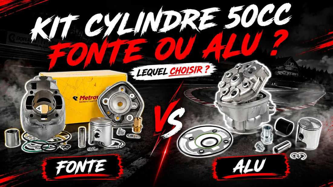 Comparatif kit cylindre 50cc fonte ou alu pour moteur Minarelli AM6 : kit Metrakit fonte avec culasse et piston à gauche, kit alu nikasil à droite
