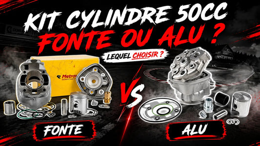 Comparatif kit cylindre 50cc fonte ou alu pour moteur Minarelli AM6 : kit Metrakit fonte avec culasse et piston à gauche, kit alu nikasil à droite